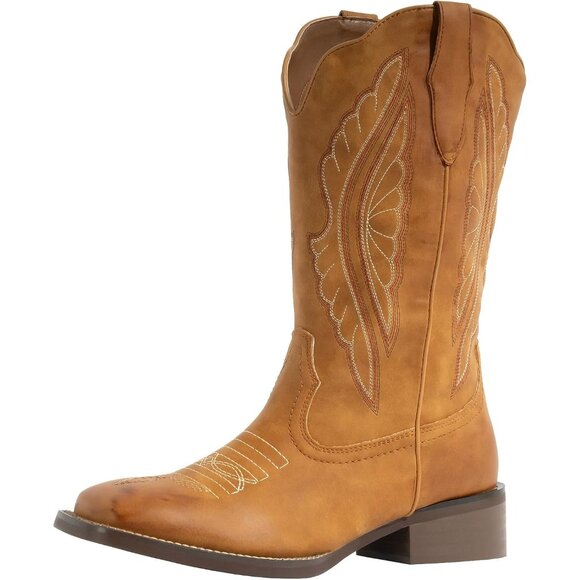 Women's Tan Cow Girl Square Toe Wide  Calf Embroidered Western Work Boots - Picture 1 of 9